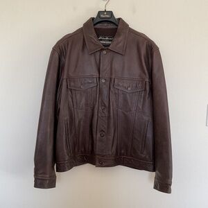 Eddie Bauer Brown Leather Trucker Jacket Sz XL Buttery Leather Motorcycle Preppy